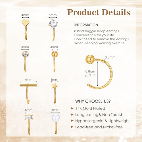 8 Pairs Stainless Steel Half Hoop Earrings | Huggie Hoop Earrings | Backless Earring for Women - color: Gold