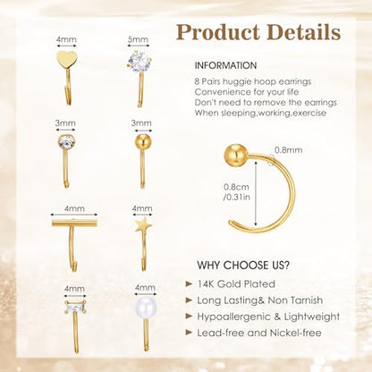 8 Pairs Stainless Steel Half Hoop Earrings | Huggie Hoop Earrings | Backless Earring for Women - color: Gold