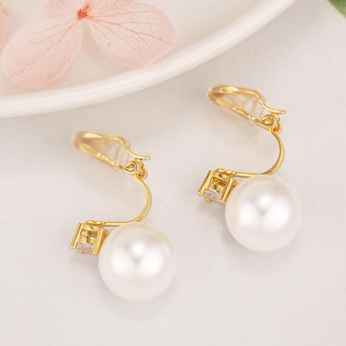 White Pearl Clip On Earrings for Women, 14K Gold Pearl Earrings 925 Silver Pearl Earrings, 10mm White Pearl Non Pierced Hypoallergenic Trendy Wedding Jewelry - color: Gold