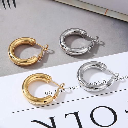sovesi Chunky Hoop Earrings for Women, 14K Gold Plated Thick Hoops | 5mm Thick Hollow Tube Chunky Lightweight Hypoallergenic Hoop Earrings for Women - style: Gold and Silver 30MM