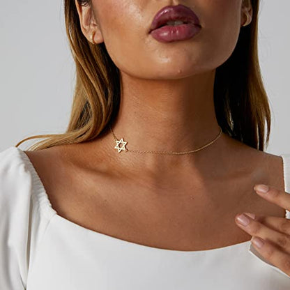 Dainty Moon and Star Pendant Necklace for Women 14K Gold Crescent Moon Long Necklace Delicate Tiny Star Charm Necklace Minimalist Jewelry - style: Sideways David Star-GD