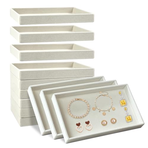 12 Pack Velvet Jewelry Trays, 8.3x5x1 Inches Premium Stackable Jewelry Drawers Organizer Inserts for Women Girls, Beige Jewelry Storage Display Trays for Necklace Earring Ring Bracelet (1 grid)