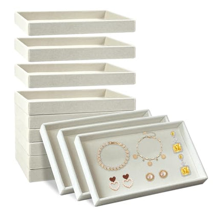 12 Pack Velvet Jewelry Trays, 8.3x5x1 Inches Premium Stackable Jewelry Drawers Organizer Inserts for Women Girls, Beige Jewelry Storage Display Trays for Necklace Earring Ring Bracelet (1 grid)