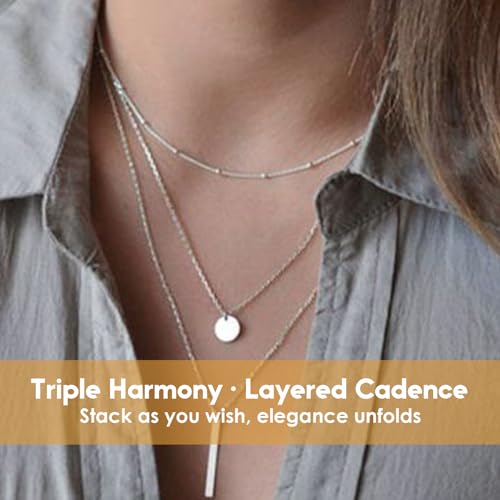 Necklace for Women with Circle and Bar Pendants Layered Jewelry Versatile Design - color: silvery