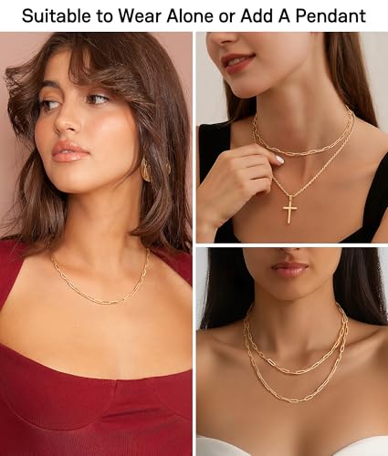 3MM Paperclip Necklace 925 Sterling Silver Paperclip Chain Necklace for Women, Sturdy & Durable Women's Chains Necklace, 16 18 20 22 24 26 Inch - color: 14K Gold Plated