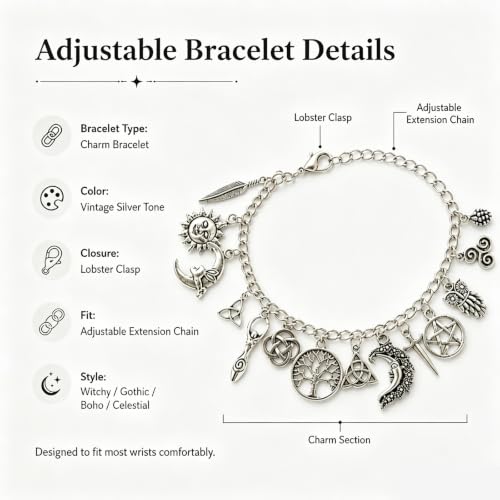 Vintage Witchy Charm Bracelet, Silver Gothic Boho Celestial Bracelet with Tree of Life Moon Pentagram Charm, Wiccan Lucky Link Chain Bangle Gift Jewelry for Women Halloween Party Friendship