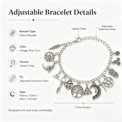 Vintage Witchy Charm Bracelet, Silver Gothic Boho Celestial Bracelet with Tree of Life Moon Pentagram Charm, Wiccan Lucky Link Chain Bangle Gift Jewelry for Women Halloween Party Friendship