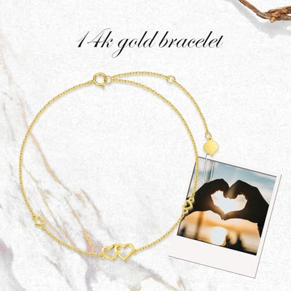 14K Real Gold Heart/Corss Ankle Bracelet for Women Yellow Gold Anklet Love Ankle Bracelet Anniversary Jewelry for Wife Birthday Gifts for Her 8''-10'' - style: Heart-Bracelet（6.5+1+1inch）