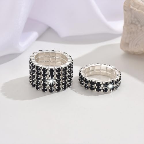 Fashion Silver Bling Rhinestone Crystal Stretch Rings Set for Women | Sparkly Rhinestone Elastic Finger Nail Ring Glitter Stretchy Stack Statement Knuckle Rings Cocktail Jewelry Accessories Pack - color: Black-1