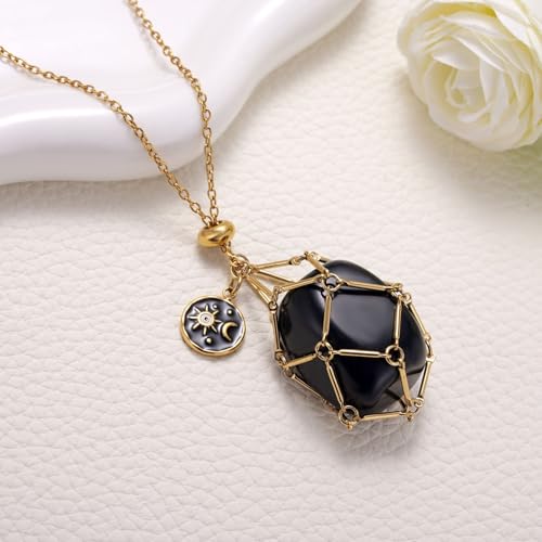 MIXJOY Black Obsidian Crystal Necklace for Women, Sun and Moon Celestial Pendant Protection Gift for Halloween Christmas - style: Large