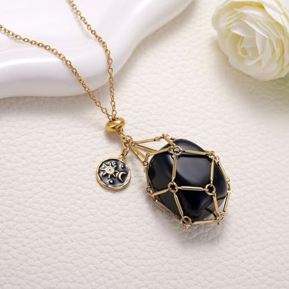 MIXJOY Black Obsidian Crystal Necklace for Women, Sun and Moon Celestial Pendant Protection Gift for Halloween Christmas - style: Large
