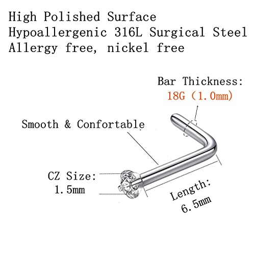316L Surgical Steel 22g/20g/18g Nose Rings Studs L-Shape Nose Nostrial Piercing Body Jewerly L Shaped Nose Studs 1.5mm 2mm 2.5mm 3mm CZ Nose Screw Studs Rings for Women - style: 6pcs/L-shape/18g/1.5mm Clear CZ/Silver