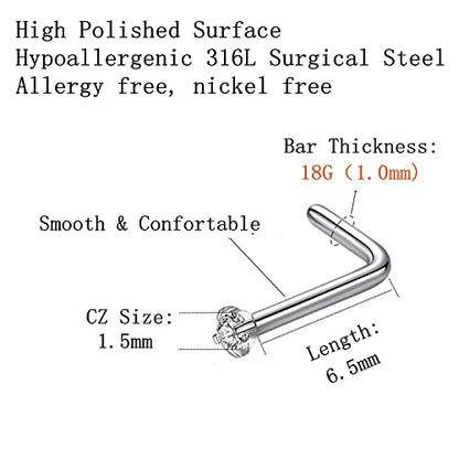 316L Surgical Steel 22g/20g/18g Nose Rings Studs L-Shape Nose Nostrial Piercing Body Jewerly L Shaped Nose Studs 1.5mm 2mm 2.5mm 3mm CZ Nose Screw Studs Rings for Women - style: 6pcs/L-shape/18g/1.5mm Clear CZ/Silver