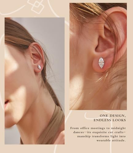 "STUNNING FLAME" Trillion-cut/Cushion-cut/Emerald-cut/Marquise-cut ... 18K White Gold Plated Sterling Silver Cubic Zirconia Simulated Diamond Stud Earrings for Women - color: Marquise-Cut, size: small-white gold plated silver