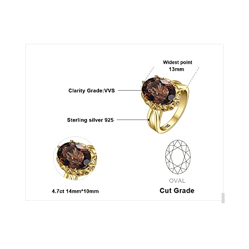 JewelryPalace Huge Oval Shape 5.7ct Genuine Smoky Quartz Cocktail Rings for Her, 14K White Yellow Rose Gold Plated 925 Sterling Silver Ring for Women, Natural Gemstone Jewelry Sets Rings - color: 2-Yellow Gold Plated