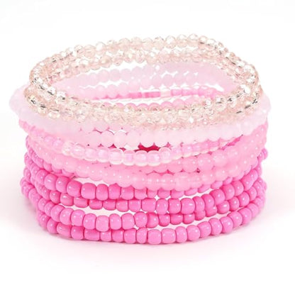 Bohemian Multilayer Beaded Stackable Stretch Bracelets for Women Colorful Crystal Glass Resin Seed Beads Elastic Wristbands BFF Friendship Summer Beach Hawaii Jewelry - color: Pink