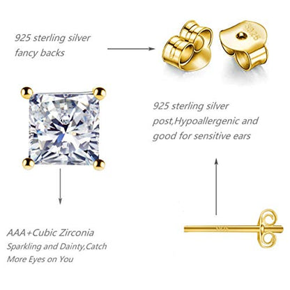 925 Sterling Silver Stud Earrings, 4 Pairs Square Cubic Zirconia Stud Earrings Set for Women Men 3 4 5 6mm - color: E-Gold 3/4/5/6mm