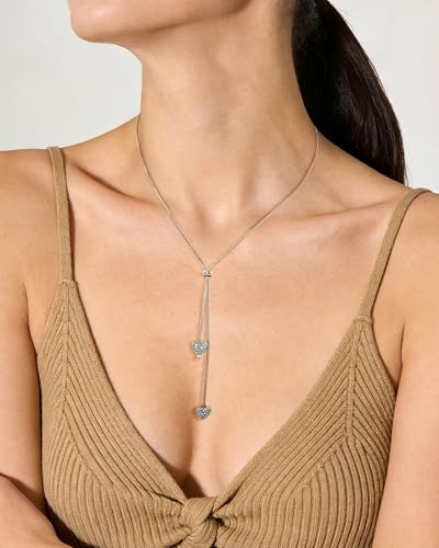 Silver Heart Lariat Necklace Dainty Double Heart Pendant Y-shaped Snake Chain Necklace for Women Adjustable Choker Sterling Silver Jewelry Gift