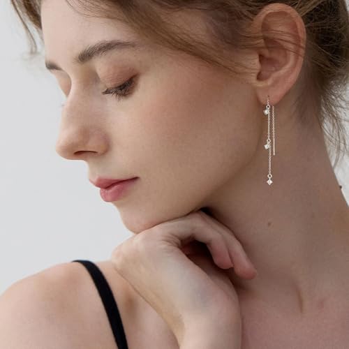 Chunky Hoop Huggie Dangle Tassel Pearl Bow Heart Charm Stud Cilp-on Earrings for Women, 14K Gold plated/Sterling Silver Plated CZ Large Jewelry Vintage Dainty Trendy Gift Daily Prom Party - style: 3CZ Tassel-SL