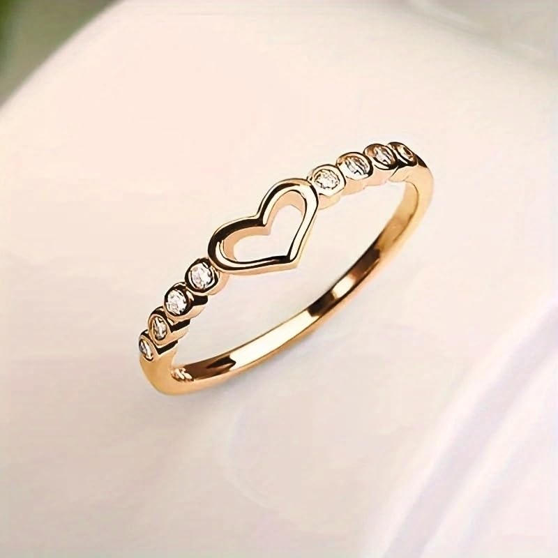 Simple Silver Plated Inlay Zirconia Hollow Heart Rings for Women Engagement Wedding Rings Jewelry - color: Golden, size: 10