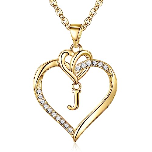 STORUP Heart Initial Necklaces for Women Girls, Initial A-Z Heart Necklace | 14K-Gold-Plated, Initial Heart Necklaces for Teen Girl Jewelry, Anniversary Birthday Gifts for Girls Women Her Wife Mom - color: Gold, style: J