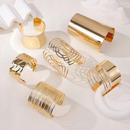 6 Pieces Upper Arm Cuff Arm Band Cuff Bangle Bracelet for Women Hammered Chunky Bracelets Open Wide Wire Bracelets Minimalist Coil Bangle Set Gold Sliver Wrist Cuff Wrap Bracelet Adjustable - color: Gold Cuff Bracelets B