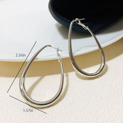 Chunky Large Oval Hoop Earrings for Women Sparkly Gold Teardrop Dangle Earrings Thick Bold Silver Hoop Drop Earrings Oval Stainless Steel Hoop Earrings Fashion Costume Jewelry Accessories - color: Silver
