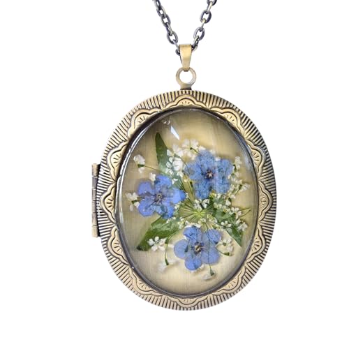 Vintage Photo Locket Necklace Handmade Pressed Flower Locket Necklace for Women - style: Forget Me Not(1.53"x 1.85")