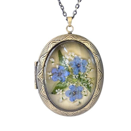 Vintage Photo Locket Necklace Handmade Pressed Flower Locket Necklace for Women - style: Forget Me Not(1.53"x 1.85")