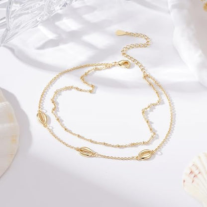 Anklets for Women Waterproof 14K Gold Plated Beach Ankle Bracelets Dainty Summer Bow Clover Heart Evil Eye Anklet Non Tarnish Layered Beach Cz Jewelry Accessories for Women Trendy - color: Gold-Shell