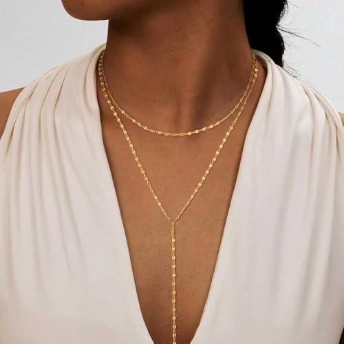Lariat Necklace for Women, Dainty Long Necklaces, 14k Gold/Silver Plated Y-Shaped Drop Chain Necklace, Simple Layered Necklaces, Trendy Jewelry Gifts - style: Double Lip Chain-Gold