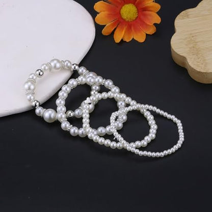 Pearl Bracelets for Women Simulated Pearl Beaded Bracelet White Pearls Stackable Stretch Bracelet Set Multilayered Elastic Pearls Bracelets for Women Bridesmaid Bridal Jewelry - color: silver