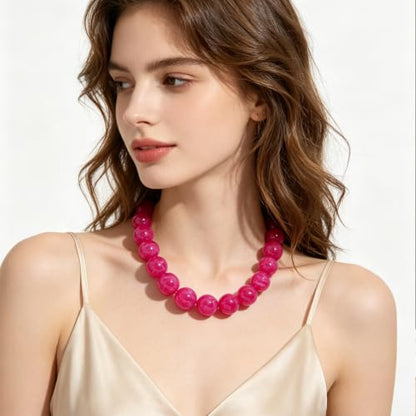 Chunky Beaded Necklace for Women Trendy Boho Collar Statement Necklace Large Round Resin Beads Choker Necklaces Summer Beach Jewelry Gifts - color: Rose Red