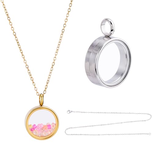 DICOSMETIC 2Pcs 2 Colors Round Locket Pendant Stainless Steel Memory Locket Charms 10/15/20mm Clear Picture Frame Charm Golden Silver Floating Charm Glass Living Bouquet Charms for Women Men Necklace - size: 26x19x6mm