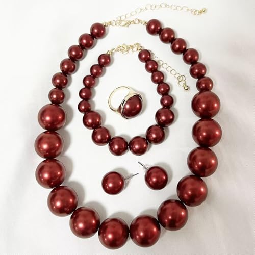 Chunky Beaded Jewelry Set, Necklace Earrings Bracelet Ring for Women Party | Simulated pearl jewelry set, necklace earrings bracelet & ring. Elegant chunky beaded, ideal gift for wedding and daily wear. - color: Dark Red
