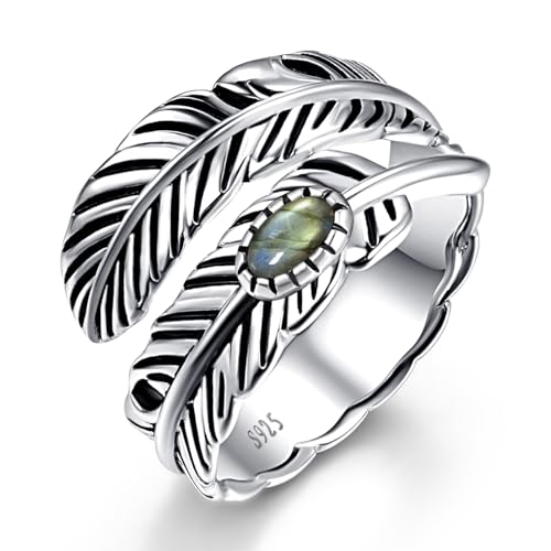 AVECON S925 Sterling Silver Turquoise/Labradorite/Just Breathe/Onyx Rings | Hypoallergenic Adjustable Open Feather Gift Women Men Thumb Spoon Statement Western Band Jewelry for Anniversary - color: Labradorite