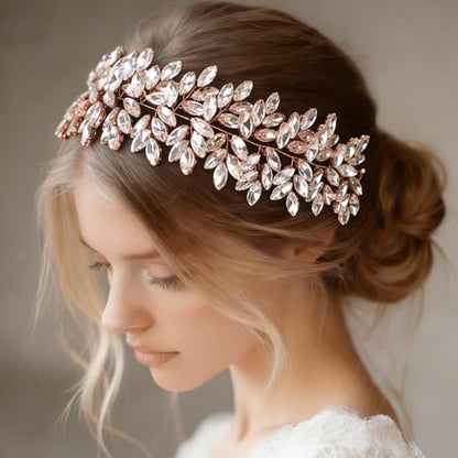 Missgrace Women Silver Green Black Red Blue Handmade Full Crystal Rhinestone Large Headband Hair Vine Shinny Headpiece Bridal Wedding Hair Accessories for Women (Rose gold) - color: Rose gold