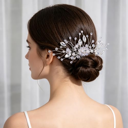 Wedding Hair Comb Pearl Crystal Bridal Hair Piece | Rhinestone Wedding Hair Accessories，Silver Hair Comb Clip for Women Wedding Party - color: Silver-837