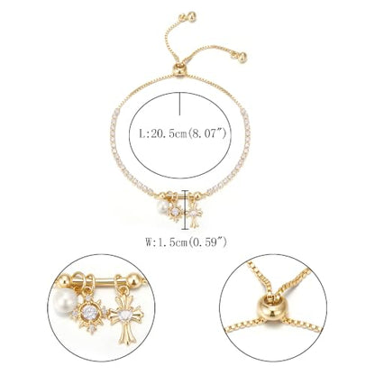FANZE Gold Plated Cubic Zirconia Tennis Bracelets for Women Dainty Trendy Adjustable Bracelet Jewelry Gift for Ladies Wedding Mother Birthday Anniversary - style: Gold Charm