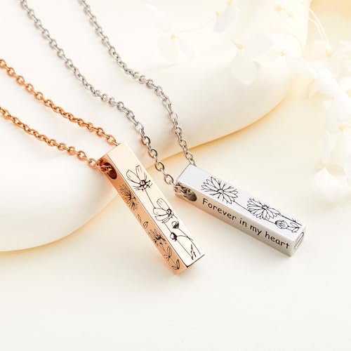 AILIN Customize Cremation Jewelry For Ashes Personalized Birth Flower Name Urn Necklaces For Ashes Stainless Steel Bar Necklace For Women Memorial Jewelry Gifts For Loved One Her Grandma