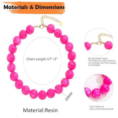 Chunky Necklaces for Women Trendy 20MM Large Resin Beaded Necklace Bold Statement Chunky Choker Necklace Boho Beads Summer Beach Jewelry - color: Magenta