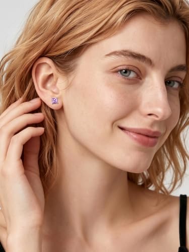 ChicSilver 925 Sterling Silver Earrings Sparkling Heart/Round/Princess Cut Birthstone Earrings for Women Birthday Jewelry with Gift Box - style: A.June(Alexandrite)-Princess Cut