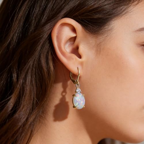 Dainty Opal Earrings for Women Sterling Silver Pear Oval Blue Opal Dangle Earrings Leverback Earrings Gold - color: leverback-gold opal