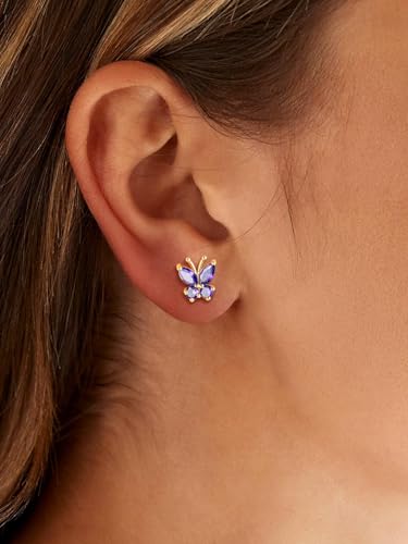 Suplight Butterfly Stud Earrings 925 Sterling Silver 14K Gold Brithstone Earrings for Women Brithstone Jewelry Gifts - color: 02.February ( Amethyst), size: Gold
