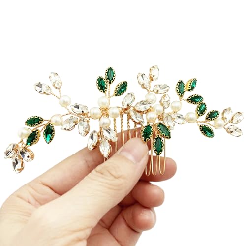 Pearl Crystal Hair Comb Bridal Green Rhinestone Gold Vine Hair Piece Accessories for Wedding Women - color: Green