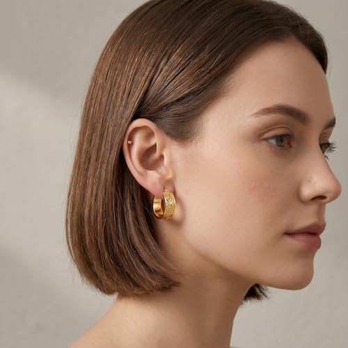 14K Gold Hoop Earrings for Women 20mm Gold Earrings for Women Trendy 14k Gold Huggie Earring for Women Hoops Unique Twisted Beaded Pattern Womens Hoops Earring