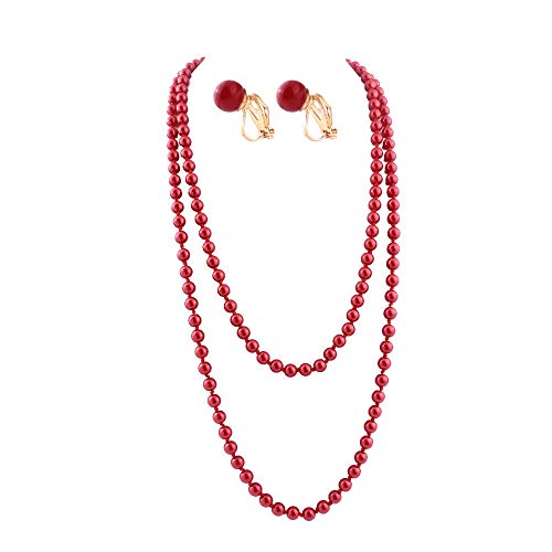 Handmade Faux Pearl Necklace and Clip on Earrings Jewelry Sets for Women Bib Choker Collar Necklace - color: 140cm Red Necklace+Clip Earrings