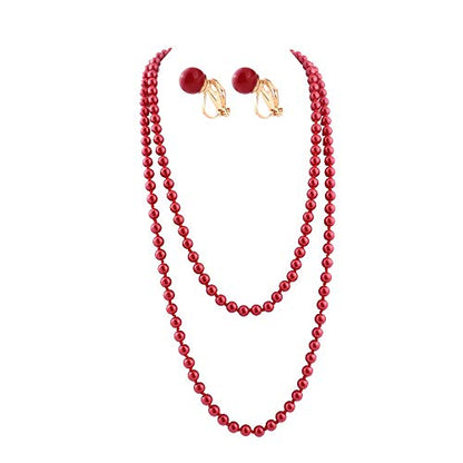 Handmade Faux Pearl Necklace and Clip on Earrings Jewelry Sets for Women Bib Choker Collar Necklace - color: 140cm Red Necklace+Clip Earrings