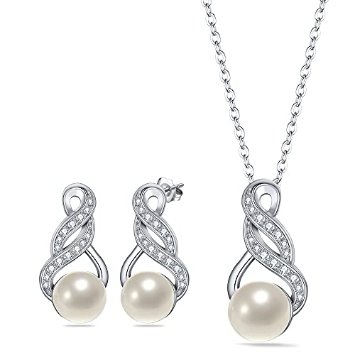 EleQueen 925 Sterling Silver CZ Freshwater Cultured Pearls Bridal Pendant Necklace Earrings Wedding Jewelry Sets, Valentine's Day/Mother's Day/Christmas Gift - style: Pearl Necklace Stud Earrings