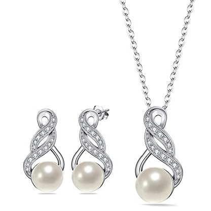 EleQueen 925 Sterling Silver CZ Freshwater Cultured Pearls Bridal Pendant Necklace Earrings Wedding Jewelry Sets, Valentine's Day/Mother's Day/Christmas Gift - style: Pearl Necklace Stud Earrings